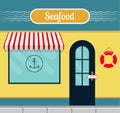 Seafood restaurant front in flat style.