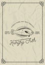 Seafood restaurant label template. flounder fish on grunge