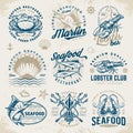 Seafood restaurant labels set colorful