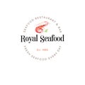 Seafood restaurant logo. Red prawn. Watercolor shrimp illustration emblem. Royalty Free Stock Photo