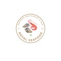 Seafood restaurant logo. Red shrimp and oysters emblem. Watercolor illustration. Royalty Free Stock Photo