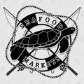 Seafood restaurant logo with Sea Turtle. Vintage badge design. Vector illustration