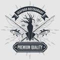 Seafood restaurant logo with Squid and fishing rods. Vintage badge design. Vector illustration.