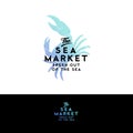 Seafood restaurant logo. Watercolor crab silhouette isolated on a dark background.