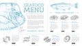 Seafood restaurant menu design with hand drawing fish.