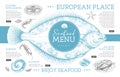 Seafood restaurant menu design with hand drawing fish. Royalty Free Stock Photo