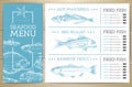 Seafood restaurant menu design with hand drawing fish.