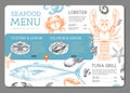 Seafood restaurant menu design with hand drawing fish.