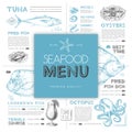 Seafood restaurant menu design with hand drawing fish.