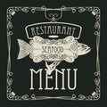 Seafood restaurant menu with hand, tray and fish Royalty Free Stock Photo