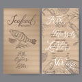 Seafood restaurant menu template with sketch of grilled fish and calligraphy