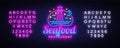 Seafood Restaurant neon sign vector. Seafood Design template, Lighthouse concept light banner, neon signboard, nightly Royalty Free Stock Photo