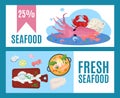 Seafood restaurant set, vector illustration. Sea ocean fish and food banner design, cooking shellfish salmon in menu Royalty Free Stock Photo