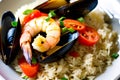 Seafood risotto with prawns, mussels and tomatoes. Generative AI