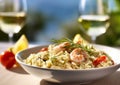 Seafood risotto rice meal with white wine glasses on restaurant table.Macro.AI Generative