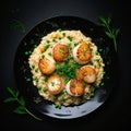 Seafood Risotto with Scallops in a plate. Dark wooden background. Top view