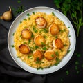 Seafood Risotto with Scallops in a plate. Dark wooden background. Top view