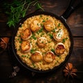 Seafood Risotto with Scallops in a plate. Dark wooden background. Top view