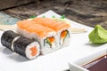 Seafood rolls in white plate with chopsticks and japanese spices Royalty Free Stock Photo
