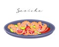 Seafood salad Ceviche. Shrimp, avocado, tomato and onion salad, Latin American cuisine. National cuisine of Peru.
