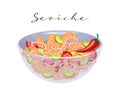 Seafood salad Ceviche. Shrimp, avocado, tomato and onion salad, Latin American cuisine Peru. Food illustration