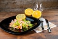 Seafood salad composition with shrimps and surimi Royalty Free Stock Photo