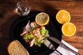 Seafood salad composition with shrimps and surimi Royalty Free Stock Photo