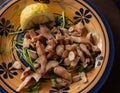 Seafood salad - octopus on colored plate with lemon