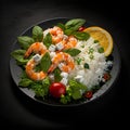 Seafood salad with rice, shrimps, prawns, tomatoes and basil on black background Royalty Free Stock Photo