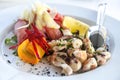 Seafood salad served in white plate closeup. Octopus and tuna fish with lemon salad appetizer on restaurant table Royalty Free Stock Photo