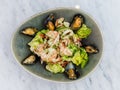 Seafood salad with shrimps, calamari and mussels