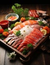 Seafood, Sashimi sashimi platter on wooden table. Sashimi sashimi platter Royalty Free Stock Photo