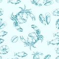 Seafood seamless pattern. Fish, shrimp, oyster, crab illustration. Engraved style image. Hand drawn design