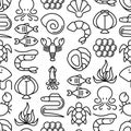 Seafood seamless pattern with thin line icons: lobster, fish, shrimp, octopus, oyster, eel, seaweed, crab, ramp, turtle. Modern