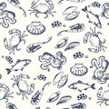 Seafood seamless pettern. Hand drawn vector illustrations. Ocean fish in engraved style. Sketch of crab, lobster, shrimp