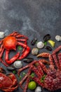 Seafood selections three tipes of crabs and seashels mussels and clams. Royalty Free Stock Photo