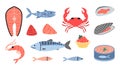 Seafood set, cartoon style. Marine animal like salmon, tuna, shrimp, crab and mussel. Fresh fish, canned food, meat and Royalty Free Stock Photo