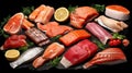 Seafood, Set of Food collage, various fresh fillet fish, white fish pangasius, salmon red fish, trout fish steak with ice and