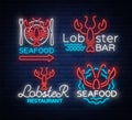 Seafood set of neon logo icons vector illustration. Lobster emblem, neon advertisement, night sign for the restaurant Royalty Free Stock Photo