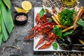 seafood set. A plate full of cooked shrimp, fish, crayfish, mussels. banner, menu, recipe place for text, top view Royalty Free Stock Photo