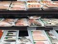 Seafood at shelves selling
