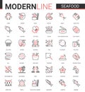 Seafood for shop cafe restaurant thin red black line icon vector illustration set of fish caviar, fresh salmon steak for Royalty Free Stock Photo