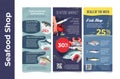 Seafood shop poster set vector flat illustration. Fresh frozen products sale discount isolated Royalty Free Stock Photo