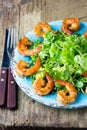 Seafood shrimp lettuce salad on blue plate Royalty Free Stock Photo