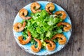 Seafood shrimp lettuce salad on blue plate Royalty Free Stock Photo