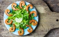 Seafood shrimp lettuce salad on blue plate Royalty Free Stock Photo