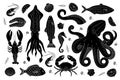 Seafood sketch set. Underwater animals banner. Marine delicacy meal menu illustration. Fishes, lobster, squid, octopus