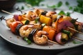 Seafood skewers with shrimps, mussels, squid and zucchini