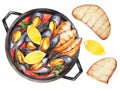 Seafood soup. Fish stew with mussels, served in a frying pan