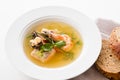 Seafood soup recipe assorted shellfish plate bread Royalty Free Stock Photo